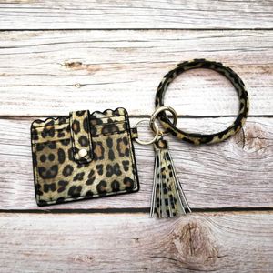 ZWPON PU Leather Credit Card Holder Tassel O Circle Keyrings Bracelets Women Leopard ID Wallet Gold Keychain Whole