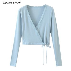 Vintage Spliced Lace Cross V neck Tie Bow Rib Crop Cardigan Women Elegant Hem Bandage Sweater Long sleeve Short Jumper 210429