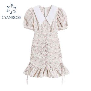 Snygg blommigtryck Klänningar Kvinnor Sommar Sweet Shirring Ruffles High Waist Vestiors Kvinna Puff Short Sleeve Slim Kläder 210417