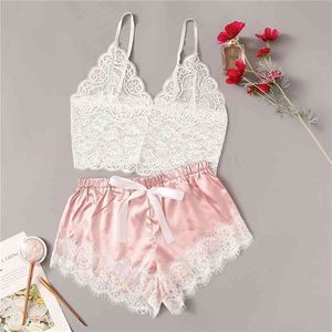 Floral spets bralett med satin shorts underkläder set kvinnor sommar sexiga uppsättningar damer bh och panty underkläder pajama set-rosa 210830