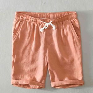 Summer Beach Shorts for Men Solid White Casual Classic Drawstring Pure Linen Short Pants Clothing New 210421