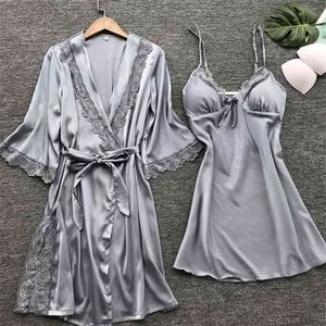 Kvinnors Sexiga Lace SleepWear Underkläder Pajamas Robe Set Underkläder Nattdress Ladies Home Kläder 210809