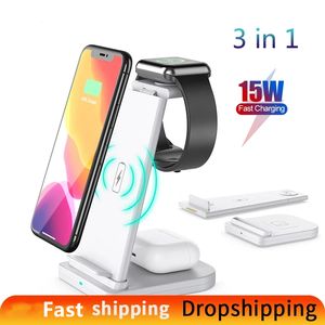 3 in 1 Qi Wireless Charger 15W Fast Charging Dock Station Foldable Holder For iPhone 13 12 11 XS X 8 Apple Watch 7 6 SE 5 Airpods Pro Samsung Xiaomi Smartphone
