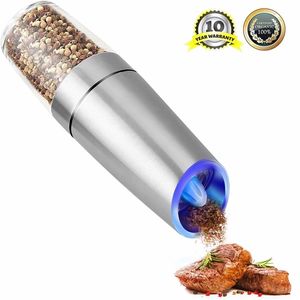 Gravity Electric Salt and Pepper Grinder Set with Adjustable Coarseness Battery Powered Mill Blue LED Light 210712