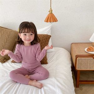 Baby girls pure color sanded pajamas sets fashion long sleeve T shirt and pants suit homewear for Toddler Kids 210615