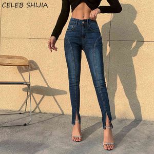 Yüksek Bel Skinny Jeans Streç Koyu Mavi Denim Giyim Kadın Kalem Pantolon Artı Kadın Yaz Pantolon 211129