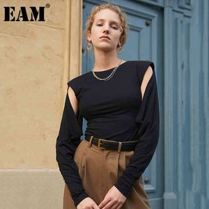 [EAM] T-shirt nera imbottita con spalle scoperte donna girocollo manica lunga moda primavera autunno 1DD8047 210512