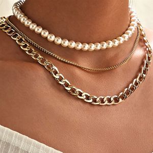 IPARAM Bohemian Multi-layer Pearl Choker for Women Vintage Gold Thick Chain Short Necklace Jewelry Party Gift