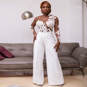 Nigeria African Jumpsuit Wedding Dress Wih Long Sleeve Sexy See Through Top Lace Pant Suit Satin Bohemian Beach Bridal Dresses Backless robe de mariée 2021 Boho Bride