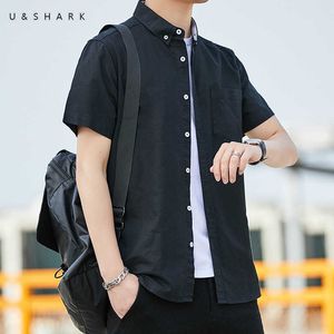 Ushark Summer Oxford camisa de manga curta homens blusa 100% algodão de algodão camisa de ferro para mens vestido camisas casuais vestuário macho 210603