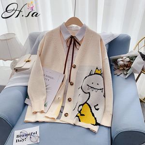 H.SA Korean Fashion Women Sweater Cardigans Cartoon Cute Dinosaur Printed Beige Black kawaii clothes Poncho Knit Jackets 210417