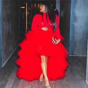 Red High Low Tulle Skirt for Women Puffy Draped Mesh Asymmetric Prom Skirts Wedding Guest Gown Saia Faldas 210702