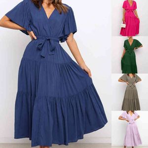 2021 Dress Women Spring V Neck Cross Belt Tunic Solid Color Fashion Casual Ankle Length Dresses X0521