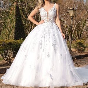 Bröllopsklänningar Brudklänningar Lace Top Quality Beaded V-Neck Sweep Train Vestido de 2022