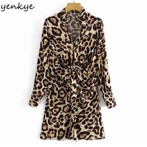 Moda Kobiety Front Knot Sexy Leopard Dress Kobieta Lapel Collar Z Długim Rękawem Casual Wiosna Plus Size Mini Robe 210514