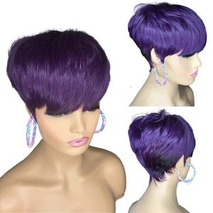 Purple/Ombre Blonde/Black Short Pixie Cut Bob Wavy Wig Brazilian Human Hair No Lace Front Wigs For Women 150% Density