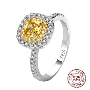 Sólido 925 Sterling Silver Ring Luxo 6mm Carat Amarelo Criado Diamond Fit Mulheres Festa Fashion Jewelry J-486