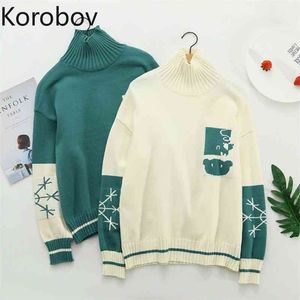 Korobov New Cute Cartoon Coniglio Colore a contrasto Pullover Modello fiocco di neve Maglione a collo alto a maniche lunghe Donna Pull Femme 210430