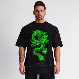 Grön Dragon Men Plus Storlek T Shirts Svart bomull T-shirt Oversize Toppar Tee för Big Tall Man Workout Street Passar Kortärmad 210714