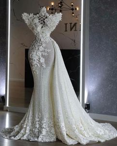 2021 Plus Storlek Arabisk Aso Ebi Lyxig Sparkly Mermaid Bröllopsklänning Lace Beaded Sequined Sexy Bridal Gowns Dresses ZJ575