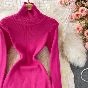 Herbst neues Design Damen Rollkragen einfarbig gestrickt hohe Taille Vent Jag A-Linie Pullover Kleid