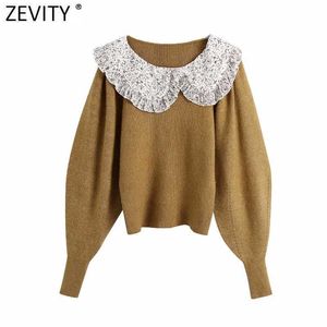 Zevidade Mulheres Impressão Doce Phamated Agaric Ruffles Patchwork Sweater Feminino Lanterna Manga Casual Chic Pullovers Tops S497 210603