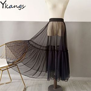 Women Sexy Mesh Transparent Long Tulle Skirt Korean Fashion Summer Ladies Elastic High Waist Black White Beach Midi 210421