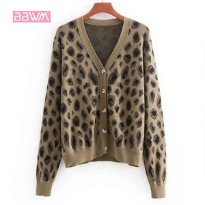 autumn Korean version of the knitted jacket retro girl leopard cute long-sleeved single-breasted women's cardigan 210507