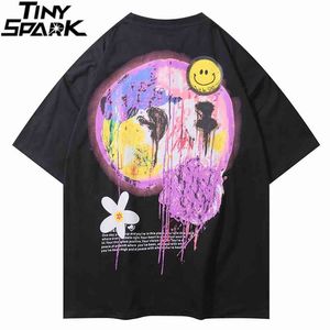 ヒップホップストリートウェアTシャツの男性絵画フラワーフェイスプリントTシャツ原宿コットンカジュアル半袖Tシャツブラックホワイト210707