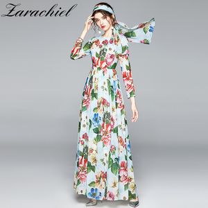 Herbst Blume Chiffon Frauen Feiertage Langarm Vintage drapiert große Schaukel Gürtel Schleife Blumendruck Damen Maxikleid + Schal 210416