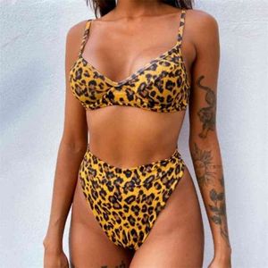 Arrivo Sexy Bikini Leopardo Costume da bagno Estate Due pezzi Costumi da bagno Brasiliano Vita alta Costume da bagno Fasciatura Beachwear 210712