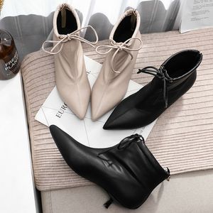 Осень зимние женские ботинки на шнуровке резиновые молния сплошной черный хлоки женские ботильоны заостренные носки небольшие высокие каблуки обувь 210520