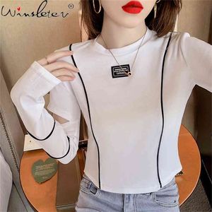 Spring Fall Korean Style Short T-Shirt Girl Chic Sexy Women Tops Bottoming Shirt Long Sleeve Hollow Out Cotton Tees T11004A 210421