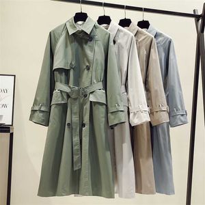 Korea Runway Designer Spadek / Jesień Regulowany Talia Kieszenie Maxi Długi Trench Herb z Pas Chic Kobiet Windbreaker Classic 210930