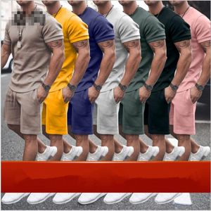 2021 summer European American large size Men's Tracksuits solid color short sleeve + shorts two-piece casual suit male multicolor