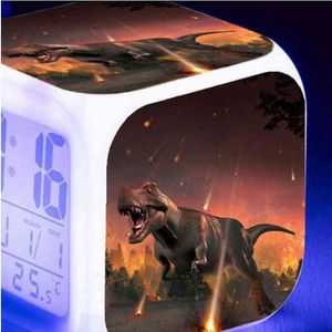7 Färg Glödande Digital Jurassic Dinosaur Barn LED Alarm Julklapp Multifunktion Nattljus Klocka