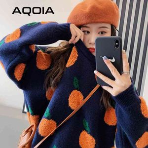 Winter Casual Kawaii Orange Embroidery Women's Sweaters O Neck Long Sleeve Thick Knit Sweater Women Y2K Female Pullovers 210521