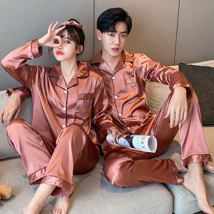 Silk Couple's Pajamas Set Long Sleeve Luxury Solid Shiny Pajama Women Oversized Mens Sleepwear Nightgown Spring Home Clothing 210524