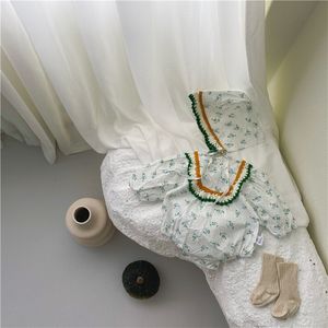 新しいスタイルのトーブラーの赤ん坊の花柄の緩い長袖の男の子と女の子甘い綿のボディスーツ乳児刺繍服210413