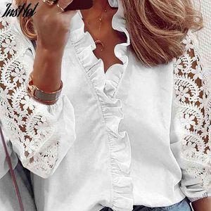 Yaz Çiçek Pamuk Beyaz Bluz Vintaj Kadın Ofis Bayanlar Tops Casual Dantel Uzun Kollu Bluz Gömlek 210514 Tops