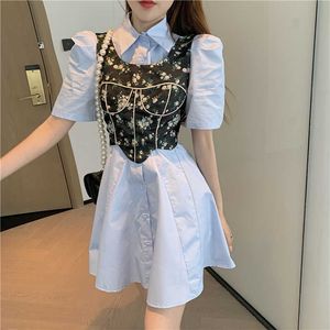 Lässige Mode koreanischen Stil weiß Puff Kurzarm Revers Shirts Kleid Mini Sexy Camisole Tops Blumendruck Weste Chic Wild 210610