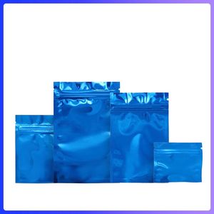 Sacchetti di imballaggio in Mylar con chiusura lampo lucida blu multi-formato Sacchetti di imballaggio in foglio di alluminio a fondo piatto da 100 pezzi / lotto Entrambi i lati sono in tinta unita
