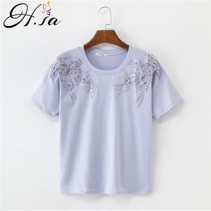 Women Summer Short Sleeve Embroidery Appliques Beaded Flowers Stylish Tops And Tees Female T Shirts Mujer Casual Tee 210430