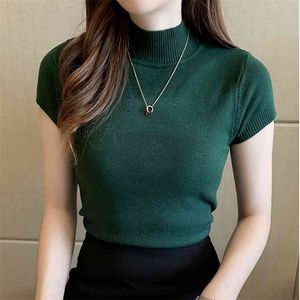 Fashion Knitt Short-sleeved T-shirt Women Half Turtleneck Stretch Knitted Tshirt Solid Casual Spring Summer Female Tops 210720