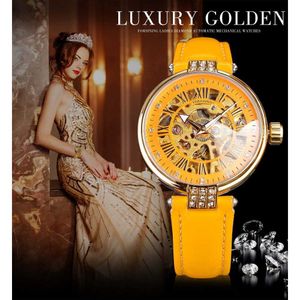 LMJLI - Forsining Cinturón de cuero genuino amarillo Movimiento de engranaje de oro Diamante Pantalla para hombre Mecánico Mecánico Reloj de pulsera Top de lujo