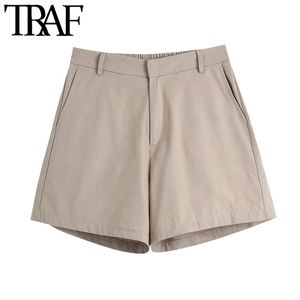 TRAF Women Chic Fashion Side Pockets Bermuda Shorts Vintage High Elastic Waist Zipper Fly Female Short Pants Mujer 210415