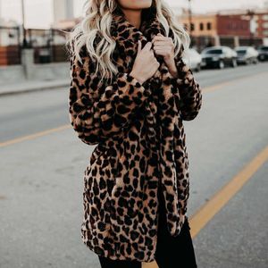 Lüks Faux Kürk Kadın Yeni Kış Moda Leopar Baskı Giyim Sıcak Uzun Kollu Yapay Kürk Ceket Peluş Giyim Y0829