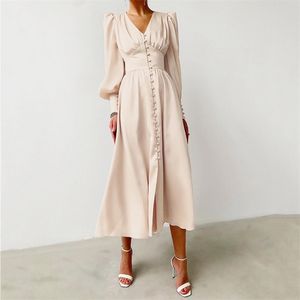 Elegancki Spring Design Satin Sleeve Dress Line Sukienka Kobiety V-Neck High Paist Button Solid Vintage Long Es Chic Lady 210508