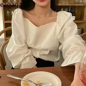 Ezgaga Französisch Stil Bluse Frauen Chic Frühling Casual Quadrat Kragen Lose Solide Puff Sleeve Weiß Shirts Süße Zarte Blusas 210430