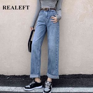 Jeans vintage da donna Pantaloni larghi a vita alta stile coreano Pantaloni larghi femminili slim con cintura 210428